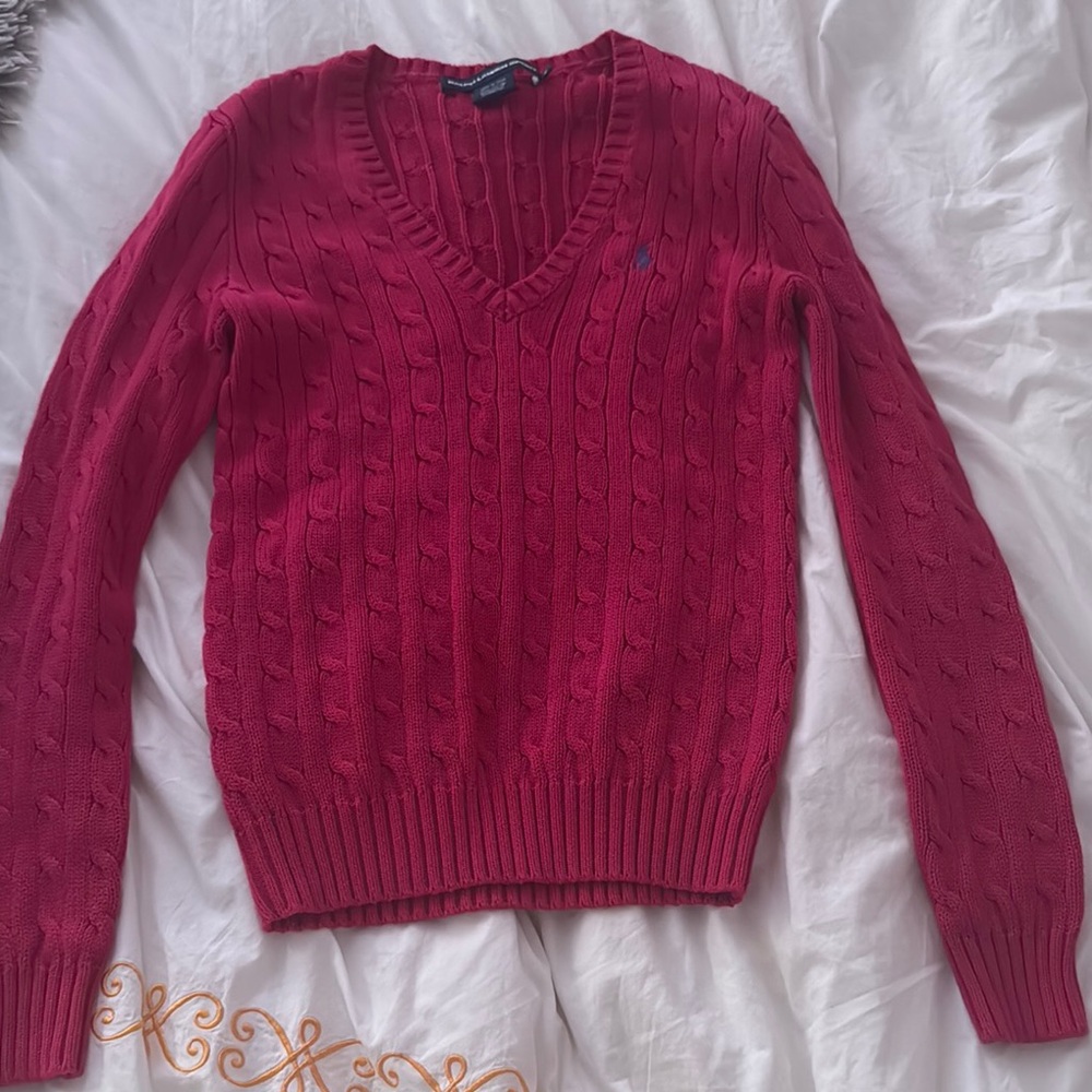 Ralph Lauren V-Neck Cable Knit Sweater in Rich Pink
